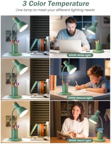 LED Desk Lamp for Home Office, Table Lamp with Pen Holder, 3 Color Modes Reading Light, Eye-Caring Desk Light with Gooseneck, Metal Study Lamp for Dorm Bedside Bedroom (Green Lamp)