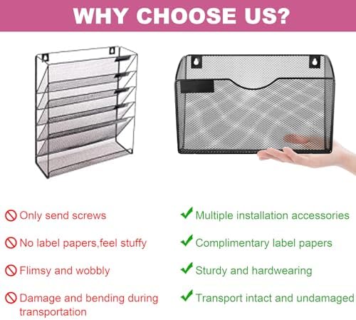 1 Pocket Mesh Wall File Holder Organizer Office Hanging File Folder Magazine Rack, Nametag Label Hooks Set Included (Black)