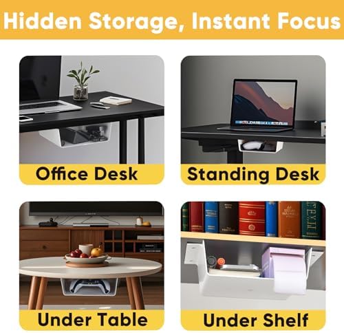 2 Pack Under Desk Hanging Shelf Drawer Organizer, Attachable Plastic Hidden Storage Tray, Easy Adhesive Mount Holder for Standing Tables, Office, Counters, Cabinets, Workstations - White