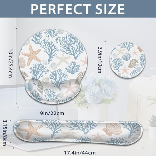 Starfish Wrist Rest Support for Mouse Pad Keyboard Set, Coral Shells Mouse Pad with Non Slip Rubber Base for Home and Office Typing Support