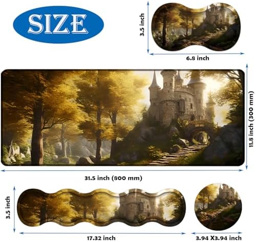 Mouse Pad Combo, Large Gaming Mouse Pad + Keyboard Wrist Support + Mouse Wrist Rest + Coaster, Table Pad 31.5 "x 11.8" with Memory Foam Ergonomic Wrist Pad Set, Fairytale Castle