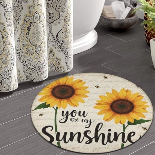 Large Machine Washable Circular Rugs, Home Decor Round Mat for Living Room Sofa Office You are My Sunshine Bees Sunflowers Print