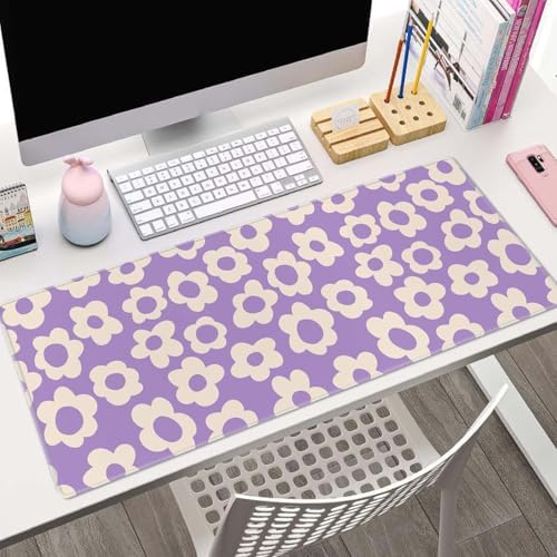 Gaming Large Mouse Pad with Stitched Edges, Vintage Groovy Flowers Purple Desk Mat, Extended Keyboard Pad, Non-Slip Rubber Base Desk Pad for Keyboard and Mouse, 31.5X11.8 inch