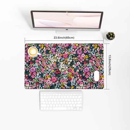 Colorful Star Large Mouse Pad, Floral Desk Mat Office Supplies, Waterproof Faux Leather Big Gaming Mousepad for Women Girls, Blooming Flowers Desk Pad Home Office Décor Accessories 23.6" x 13.8"