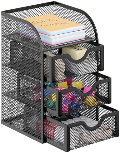 EasyPAG Mesh Desk Organizer with 3 Drawer Office Desktop Organizers and Accessories Stationery Caddy for Office, Home, Students, Black