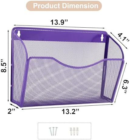 EASEPRES 3 Single Pocket Mesh Hanging File Organizer, Vertical Wall Mounted Magazine File Holder, Mount Basket Mail Paper Document Folder Organizing for Office, Home and School, Purple