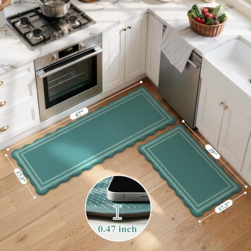KIMODE Anti Fatigue Kitchen Mats,Teal Scalloped Rugs for Kitchen Floor