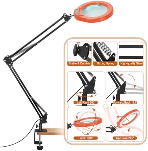 VEEMAGNI 5 Inch Large Real Glass Magnifying Glass with Light and Stand, 5 Color Modes Stepless Dimmable, 2*16 Inch Swivel Arm LED Clamp Desk Lamp, Hands Free 15X Lighted Magnifier for Crafting-Orange