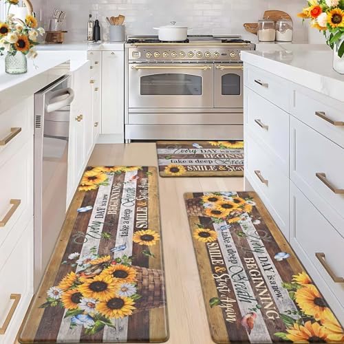 Likiyol Sunflower Kitchen Mats for Floor [3 PCS] Farmhouse Kitchen Rugs, Floral Anti Fatigue Mats for Kitchen Floor Non Slip Washable Comfort Mat, 18'' x 30'' + 18'' x 48'' + 18'' x 60''