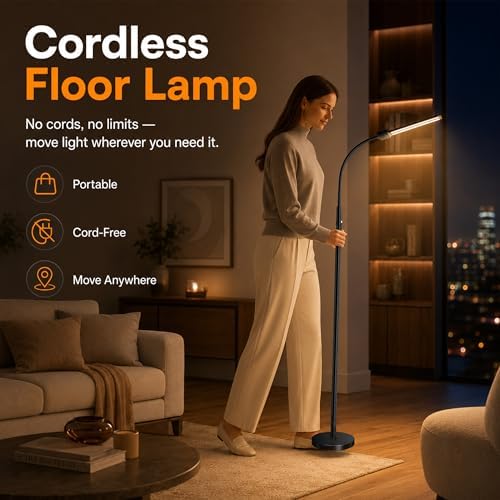 Cordless Floor Lamp Rechargeable, 15W Bright LED Floor Lamp with 8000mAh Battery, Dual Head Gooseneck Standing Lamp, 3 Color Temperatures, Stepless Dimming Battery Floor Lamp for Bedroom Office
