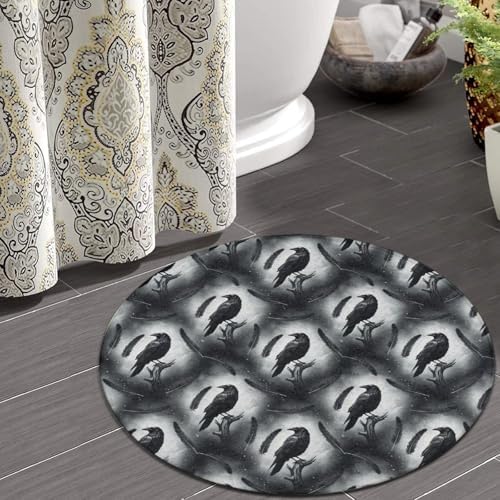 Home Decor Non Slip Kitchen Office Circle Rug, Machine Washable Modern Round Area Rug, Room Sofa Yoga Soft Round Carpet Black Crow Raven