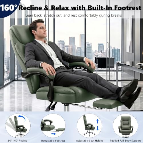 Ergonomic Executive Office Chair PU Leather High Back, 400lbs Heavy Duty Reclining Desk Chair with Footrest, Adjustable Lumbar Support, Padded Armrests, Wide Seat, Green