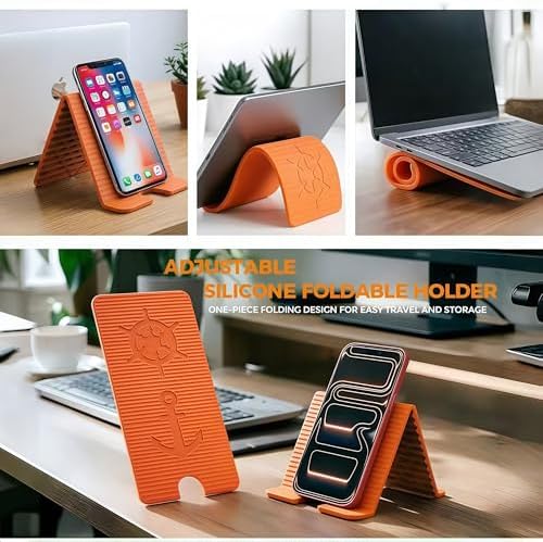 Flexible Silicone Aluminum Phone Holder Tablet Stand with Charging Port Design, Foldable Airplane Laptop/Phone Stand for Home Office Travel (Black+Orange)