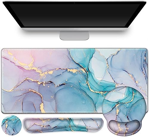 ToLuLu Desk Mat, XXL Large Mouse Pad Wrist Support Set，4 in1 Gaming Mousepad Desk Pad+ Ergonomic Mouse Pad with Wrist Rest + Keyboard Wrist Rest+Coaster for Home Office Computer, Blue Glitter Marble