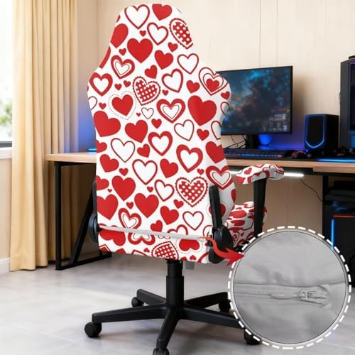 Valentines Day Heart Print Stretch Gaming Chair Cover with Armrest Covers Anti Dust Breathable Gaming Chair Slipcover