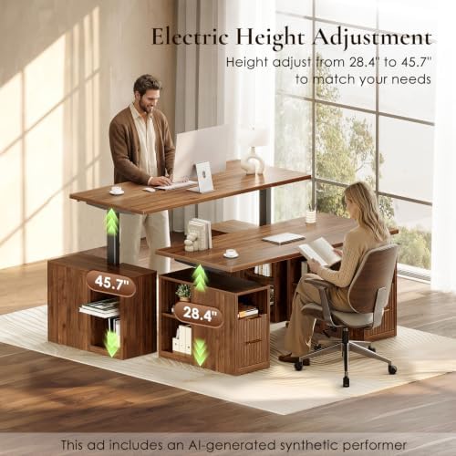 OffiGo Fluted 55 Inch Electric Standing Desk with 2 Storage Cabinet, Walnut