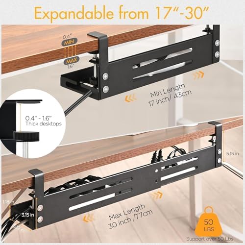 No Drill Under Desk Cable Management Tray, 17”-30” Retractable Cord Organizer for Table, Clamp Mount Wire Basket, Power Strip Holder & Metal Cord Organizer for Office, Home，Black