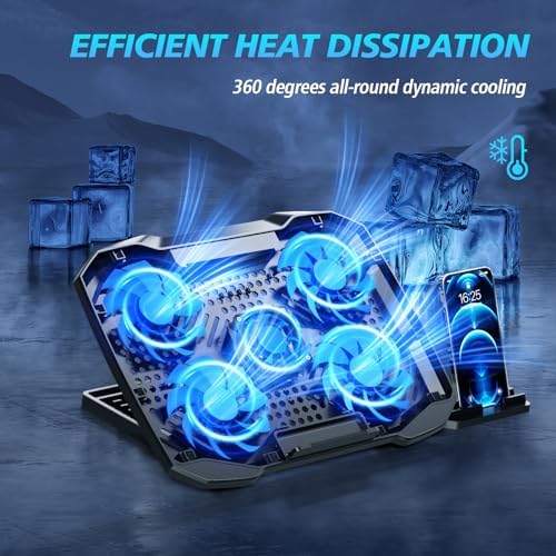 AIMIUZI Laptop Cooling Pad,Gaming Laptop Cooler with 5 Quiet Fans for 12-15.6 Inch,Laptop Cooling Stand with 5 Height Adjustable,2 USB Ports, Phone Stand