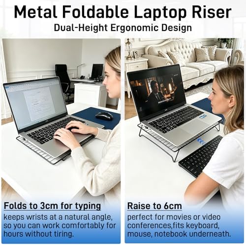 Adjustable Laptop Stand for Desk with Mouse Pad, Ergonomic Metal Foldable Laptop Riser with 3cm/6cm Height, Ventilated Cooling Computer Stand for 10-16 Inch Laptops