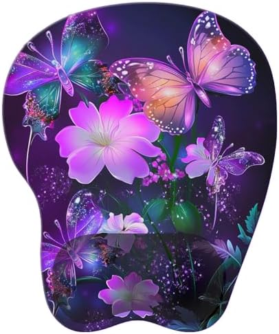 Wrist Support Mouse Pad Anti Slip Rubber Wrist Rest Mousepad 9in X 8in Small Desktop Notebook Mouse Mat for Working and Gaming (M-Purple Butterfly)