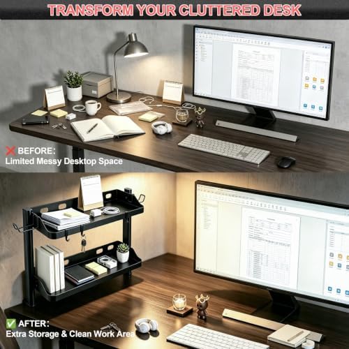 Clamp On Desk Shelf Organizer, 2-Tier Storage with Hooks