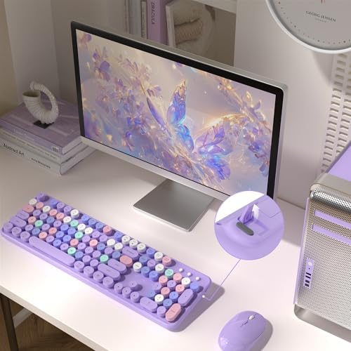 MPTOG Colorful Wireless Computer Keyboard and Mouse Combo (Purple-Colorful)