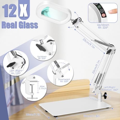 Drdefi 12X Square Magnifying Glass with Light and Stand, Real Glass LED Lighted Magnifier, 5 Color Modes Stepless Dimmable, Hands-Free Mag Desk Lamp with Clamp for Reading Craft Hobby Close Work White