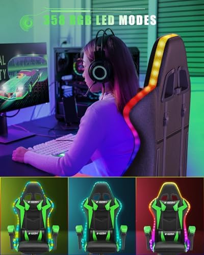 Bigzzia Gaming Chair with RGB LED Lights for Kids & Adults (Black/Green)