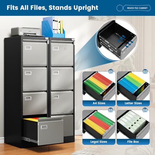 PEUKC 4 Drawer File Cabinet, Vertical Filing Cabinets with Lock, Metal File Cabinets for Home Office, Anti-Tip 4 Storage Drawers for Letter/Legal/A4/F4 Size (Assemble Required, Black)