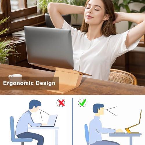 Wooden Laptop Stand, Ergonomic Computer Stand for Desk, Portable Laptop Riser, Notebook Stand Holder Compatible with MacBook Pro/Air, Dell, HP, Lenovo and All Laptops (10-17 inch), Wood