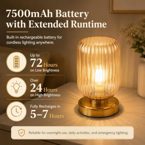 Cordless Glass Table Lamp, 3 Color Modes & Stepless Dimming, Amber
