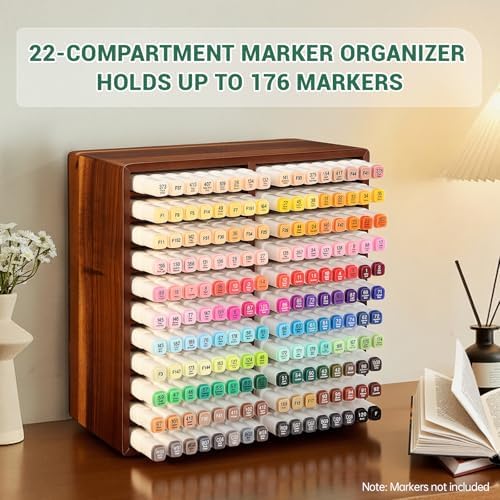 walowalo Acacia Wood Marker Organizer with 22 Compartments Holds 176 Markers, Alcohol Marker Storage Desk Organizer Pen Holder for Office Home Classroom Artists Kids Birthday Gift