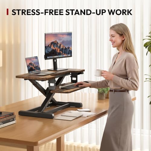 SANODESK Standing Desk Converter with Electric Motor 35" Height Adjustable Desk Riser for Office Home,Monitor and Laptop Workstation with Large Keyboard Tray, Rustic Color