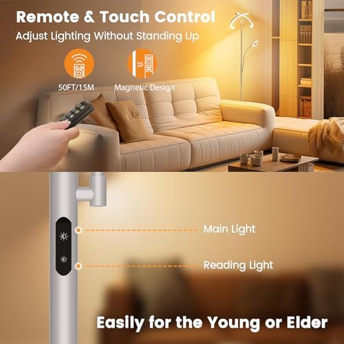 SIBRILLE 2-in-1 Dimmable Floor Lamp with Reading Light - Rotatable Standing Lamp with Remote&Touch Control, Stepless Color Brightness Adustable, Modern Lamp for Living Room Bedroom Office, Silver