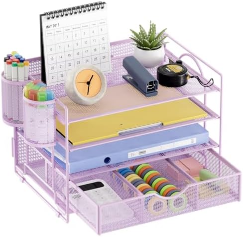 Marbrasse Desk Organizer, 4-Tier Paper File Letter Tray, Purple