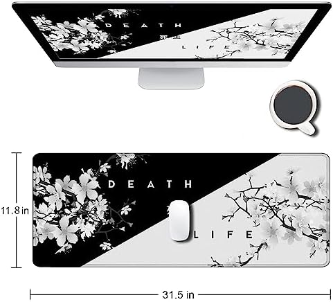 Gaming Mouse Pad, Large Mouse Pads for Desk, Non-Slip Rubber Base Mousepad, Keyboard Mouse Mat Desk Pad with Stitched Edges, 31.5x11.8 inch Sakura Death Life Floral