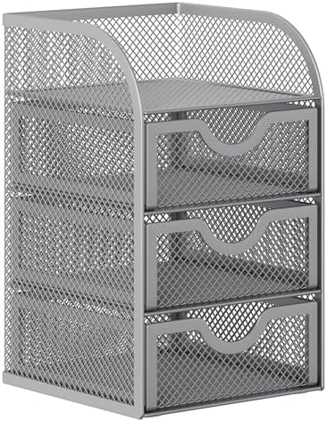 EasyPAG Mesh Desk Organizer with 3 Drawer Office Desktop Organizers and Accessories Stationery Caddy for Office, Home, Students, Silver