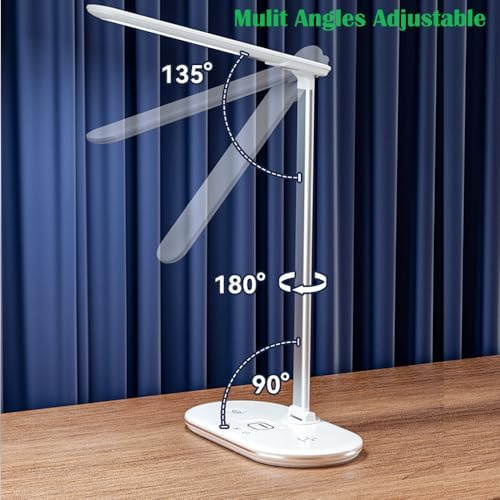 IHAO 3in1 Wireless Charging Eye-Care Desk Lamp 15W Fast Charging Station for Phone, Smartwatch & Earbuds, Touch Control Dimmable LED Light Adjustable Gooseneck, Modern Office Table Lamp-HYT2096 White