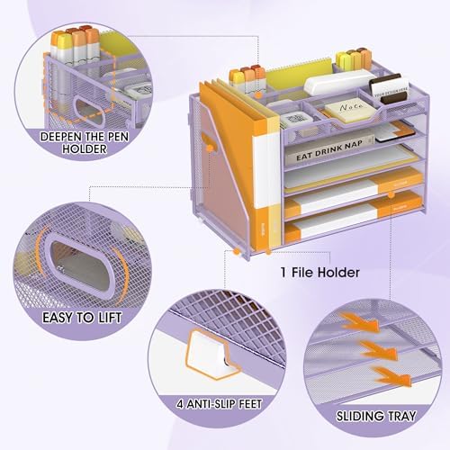 5 Tier Paper Letter Tray Desk Organizer with Pen Holders - Purple