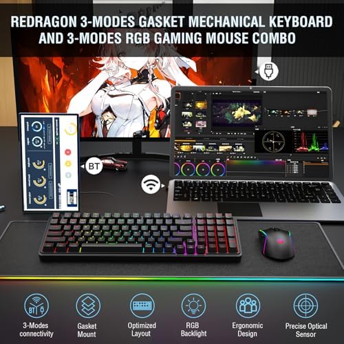 Redragon S162 3-Mode Wilreess Gaming Keyboard & Mouse Combo, 99 Keys K744 RGB GamingKeyboard and 8000 DPI M693 Gaming Mouse Bundle