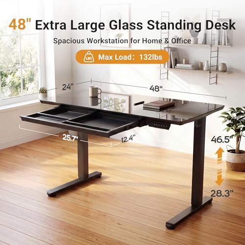 YDN Glass Standing Desk with Drawers 48x24 Inch Black