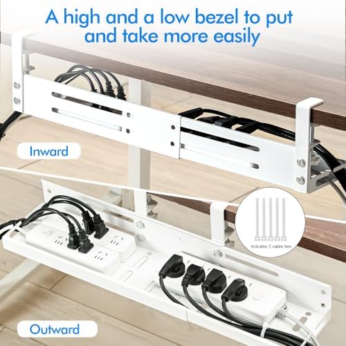 No Drill Under Desk Cable Management Tray, 17”-30” Retractable Cord Organizer for Table, Clamp Mount Wire Basket, Power Strip Holder & Metal Cord Organizer for Office, Home, White