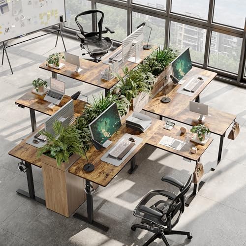 TIQLAB 63 x 55 inch L Shaped Standing Desk Adjustable Height, Electric Corner Standing Desk, Sit Stand Computer Table with Splice Board, Rustic Brown