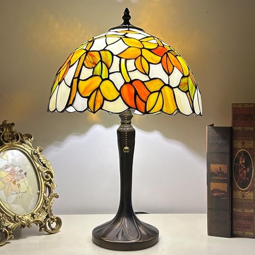 Tiffany Lamp Yellow Grapes Leaves Stained Glass Table Lamp Antique Desk Reading Light for Bedroom Living Room Home Decor LED Bulb Included