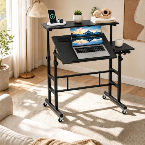 Tangkula Height Adjustable Mobile Standing Desk with Built-in Power Outlets