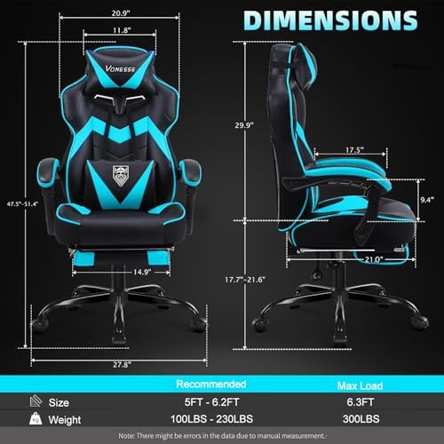 Vonesse Gaming Chair, High Back Gaming Chair with Footrest and Massage, Gaming Chairs for Adults with Pocket Spring Cushion, Big and Tall Reclining Computer Chair with Lumbar Support (Cyan/Black)