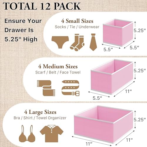 Simple Houseware Foldable Drawer Organizer Stocking Bin, Set of 12, Pink