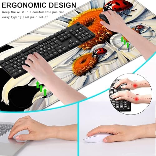Keyboard Wrist Rest and Mouse Pad with Wrist Support Set Ergonomic Coaster,Memory Foam,Easy Typing Pain Relief,Large XL Desk Mat 31.5"x 11.8",Ladybug on Daisy Flower