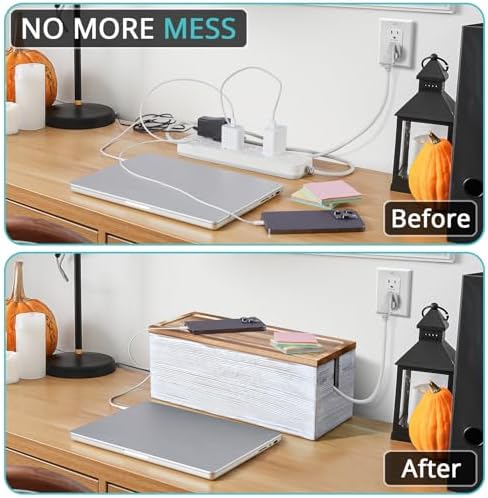 Large Cable Management Box, White Washed Wood Cord Organizer Box for Desk, Floor, Office to Hide Extension Cords Power Stripes Surge Protectors Chargers Wires