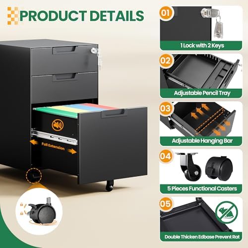 3-Drawer File Cabinet with Lock, Under Desk Rolling Filing Cabinet for Legal/Letter/A4 File Folder, Printer Stand, Metal Storage Cabinet on Wheels for Home Office(Fully Assembled，Black)